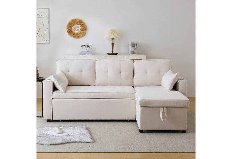 OKWISH Sofa Schlafsofa Loungesofa Küchensofa Kindersofa mit Schlaffunktion, Multifunktionales Schlafsofa mit Stauraum, L-förmiges Design, Getränkehalter, mit Relaxfunktion von OKWISH