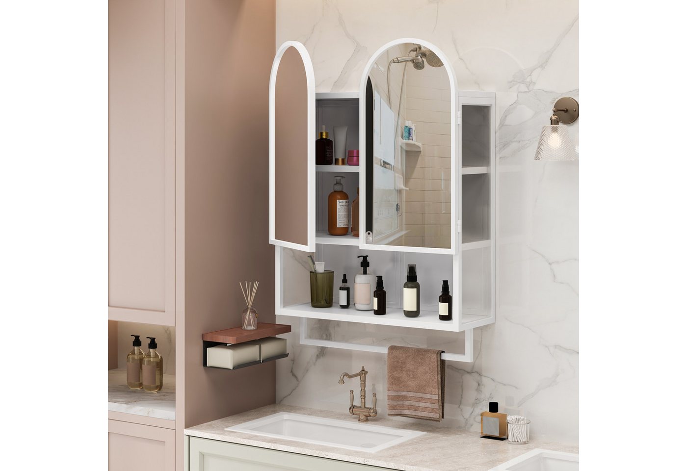 OKWISH Spiegelschrank Hängeschrank Badezimmerschrank (mit Doppelbogen-Türen, 2-Türiger Spiegel-Kabinettschrank mit Ablage und Handtuchhalter, 60CM, Metallrahmen) Tragkraft Ablage: 10 kg Handtuchhalter: 5 kg von OKWISH
