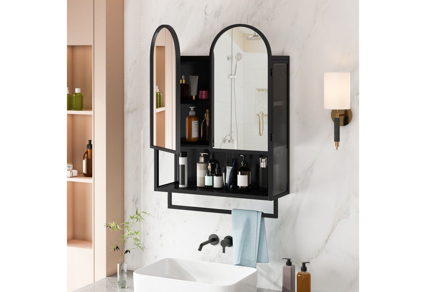 OKWISH Spiegelschrank Hängeschrank Badezimmerschrank (mit Doppelbogen-Türen, 2-Türiger Spiegel-Kabinettschrank mit Ablage und Handtuchhalter, 60CM, Metallrahmen) Tragkraft Ablage: 10 kg Handtuchhalter: 5 kg von OKWISH