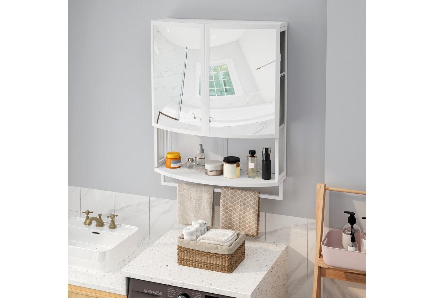 OKWISH Spiegelschrank Wandschrank Hängeschrank, Badschrank (mit Rundbogen-Design und Spiegel, Doppeltür mit Stoßfestem Spiegel, Praktischer Stauraum, Ausführung mit Offenem Regal & Handtuchhalter) von OKWISH