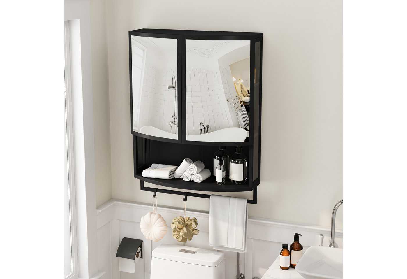 OKWISH Spiegelschrank Wandschrank Hängeschrank, Badschrank (mit Rundbogen-Design und Spiegel, Doppeltür mit Stoßfestem Spiegel, Praktischer Stauraum, Ausführung mit Offenem Regal & Handtuchhalter) von OKWISH