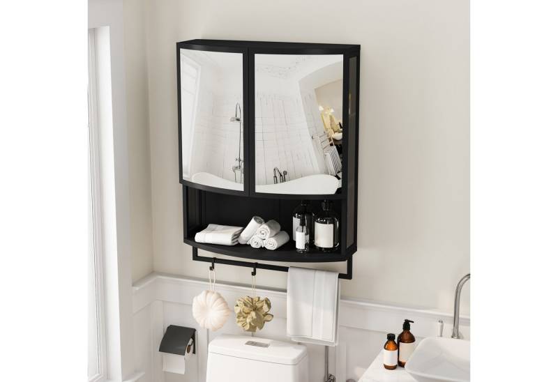 OKWISH Spiegelschrank Wandschrank Hängeschrank, Badschrank (mit Rundbogen-Design und Spiegel, Doppeltür mit Stoßfestem Spiegel, Praktischer Stauraum, Ausführung mit Offenem Regal & Handtuchhalter) von OKWISH