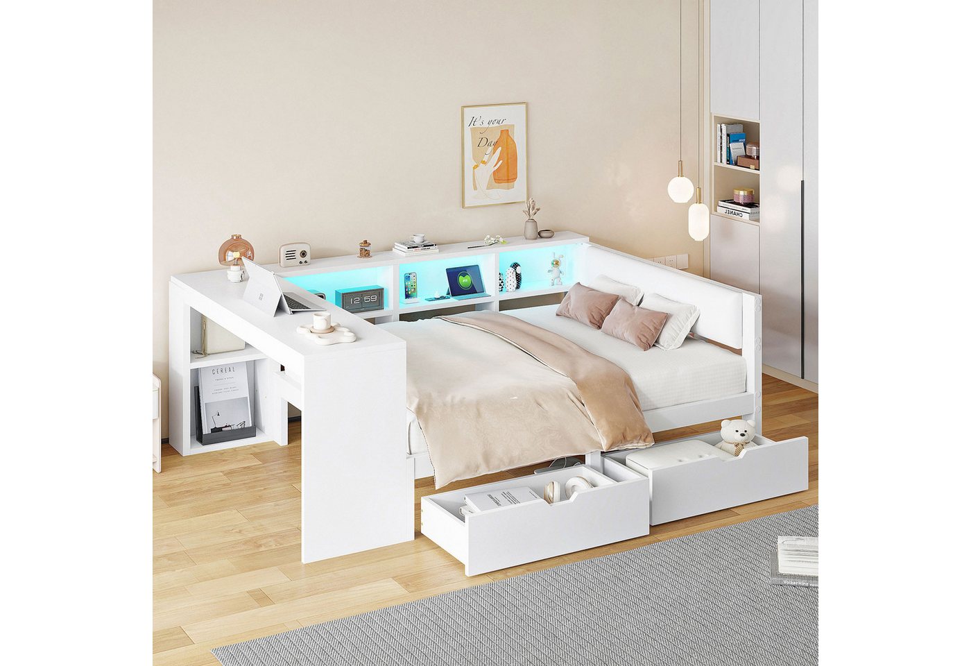 OKWISH Stauraumbett Funktionsbett,Einzelbett,Kinderbett,Jugendbett,mit Stauraum (Holz-Plattformbett mit LED-Beleuchtung, Schubladen, Ladestation und gepolstertem Kopfteil – Viel Stauraum und modernes Design., 140x200), mit Ablageflächen, Schubladen,Mit bunten LED-Leuchten OKWISH Stauraumbett Funktionsbett,Einzelbett,Kinderbett,Jugendbett,mit Stauraum (Holz-Plattformbett mit LED-Beleuchtung, Schubladen, Ladestation und gepolstertem Kopfteil – Viel Stauraum und modernes Design., 140x200), mit Ablageflächen, Schubladen,Mit bunten LED-Leuchten von OKWISH