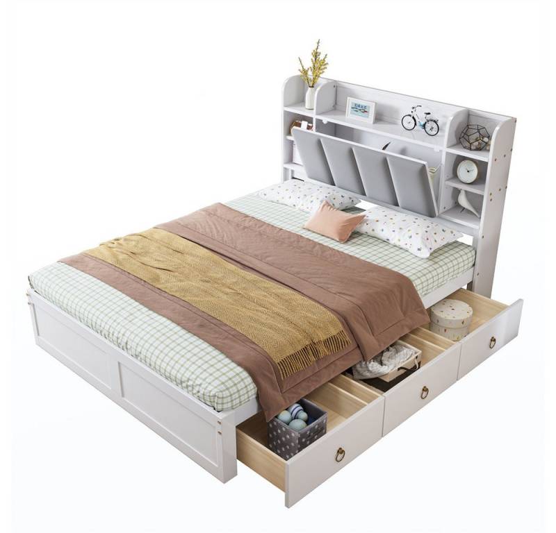 OKWISH Stauraumbett Funktionsbett Doppelbett Holzbett (mit Offenem Regal und Drei Schubladen mit Rollen, Rahmen aus Kiefer, Für Heranwachsende und Erwachsene, 140 x 200 cm), ohne Matratze von OKWISH