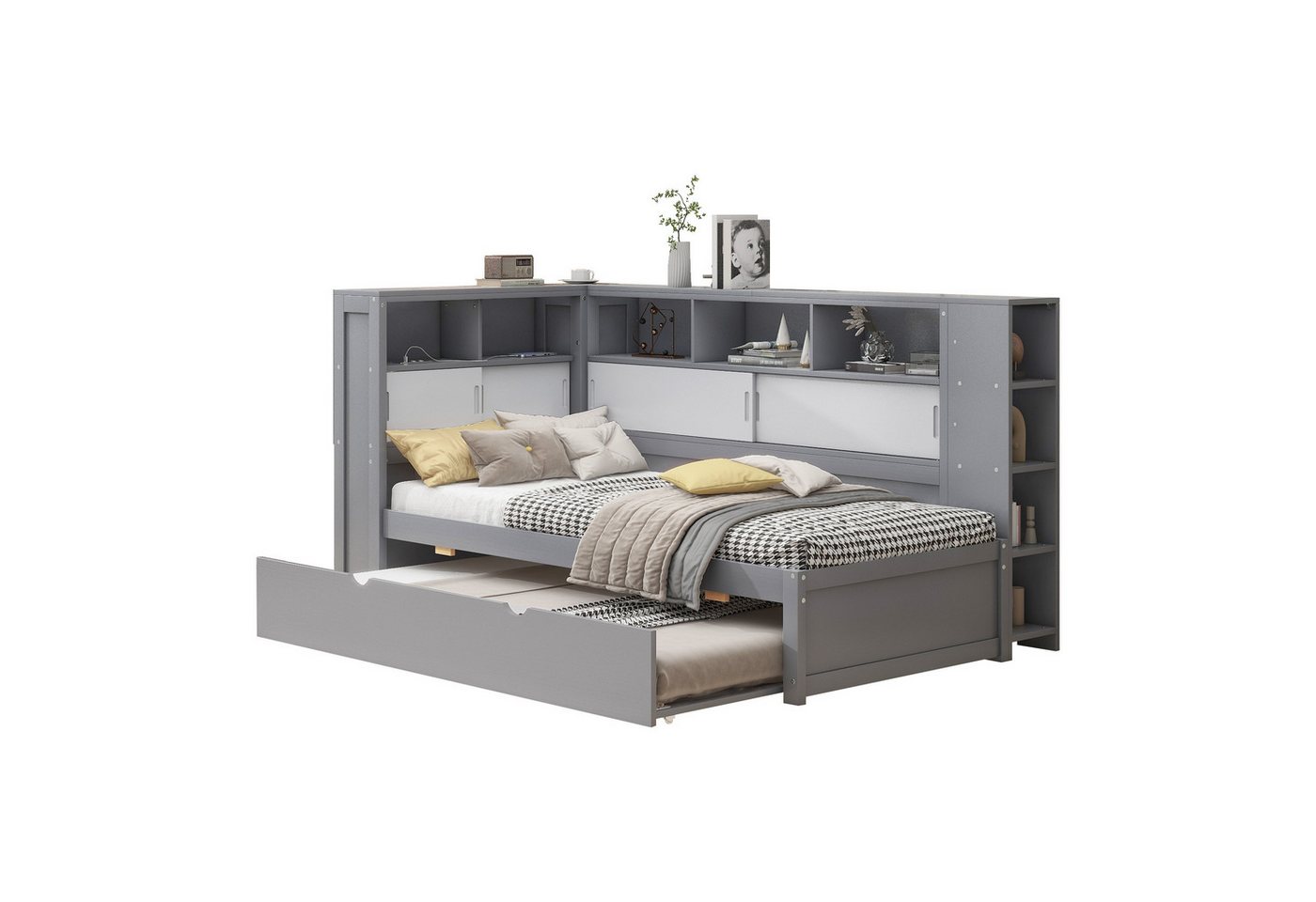 OKWISH Stauraumbett Holzbett Einzelbett Kinderbett mit Ausziehbett, mit Staufach mit USB (Tagesbett Schlafsofa Daybett mit Stauraum, perfekt für Kinder- und Gästezimmer, 90x200cm (90x190cm), ohne Matratze von OKWISH