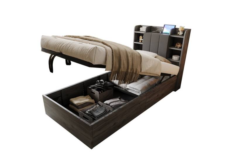 OKWISH Stauraumbett Kinderbett (Hydraulisches Funktionsbett 90x200 cm, Mit USB- & Tape-C-Ladeanschluss, Verstecktem Stauraum, Ablagefächern, Kopfteil mit Stauraum), Inklusive Matratze von OKWISH