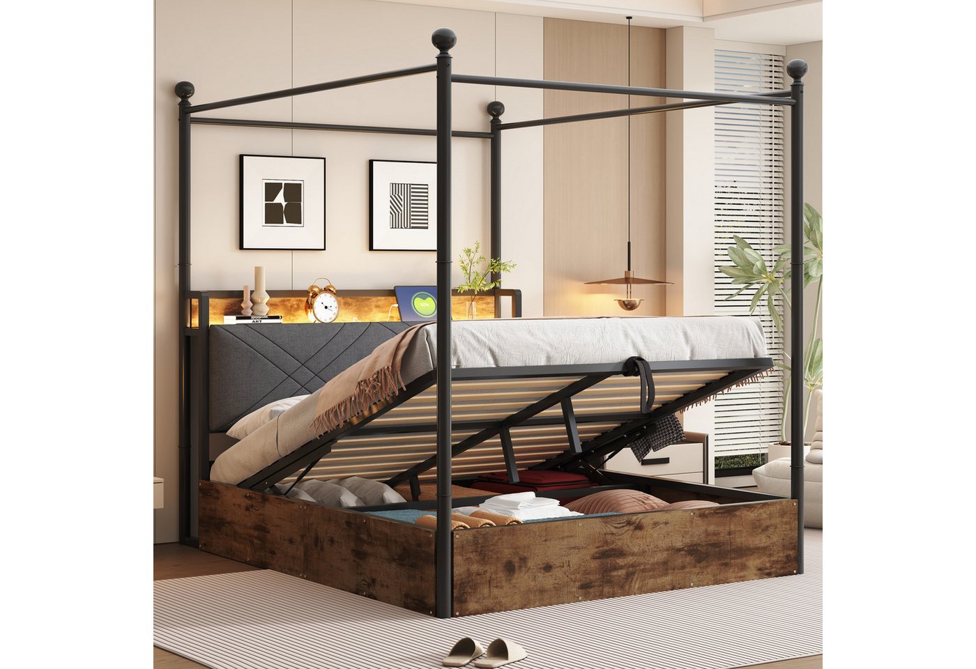 OKWISH Stauraumbett Kinderbett Metallbett (mit LED, USB-C & hydraulischem Stauraum, Smart Eisenbett, Smart-Himmelbett 140x190 cm), ohne Matratze von OKWISH