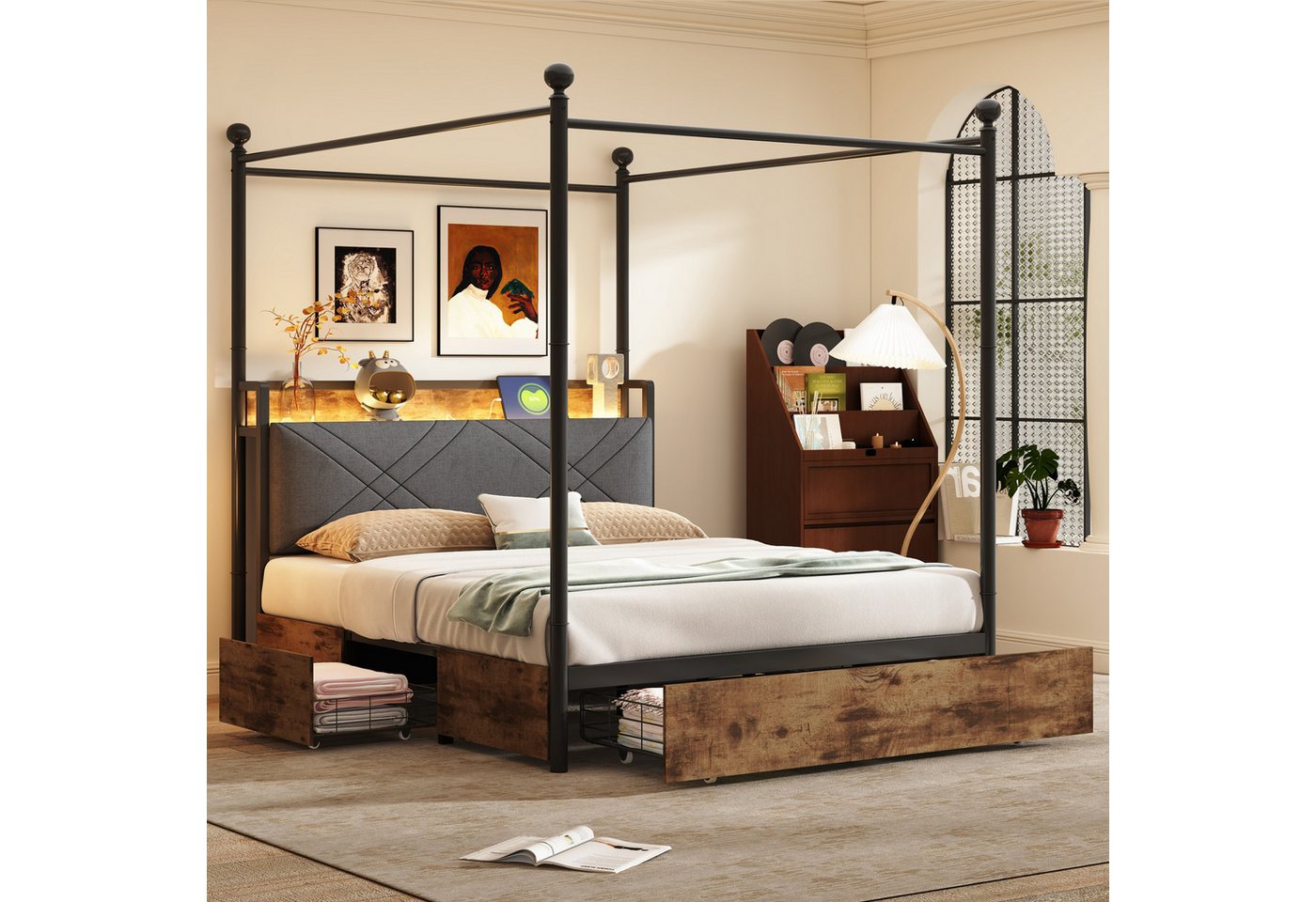 OKWISH Stauraumbett Kinderbett Metallbett (mit LED & USB/Typ-C, Stauraum, abnehmbarem Baldachin, Smart-Himmelbett 140x190 cm), ohne Matratze von OKWISH