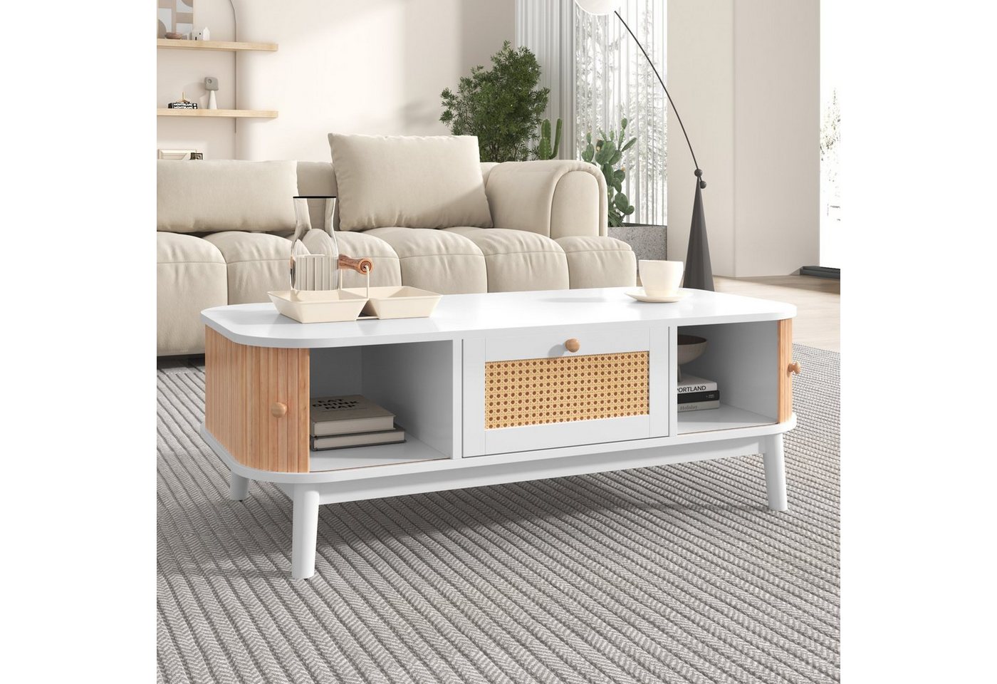 OKWISH TV-Schrank Couchtisch (Rattan-Kaffeetisch, Schubladen mit Rattan und Schiebetüren mit Massivholzlatten) Massivholzbeine, Natürlicher Landhausstil. von OKWISH