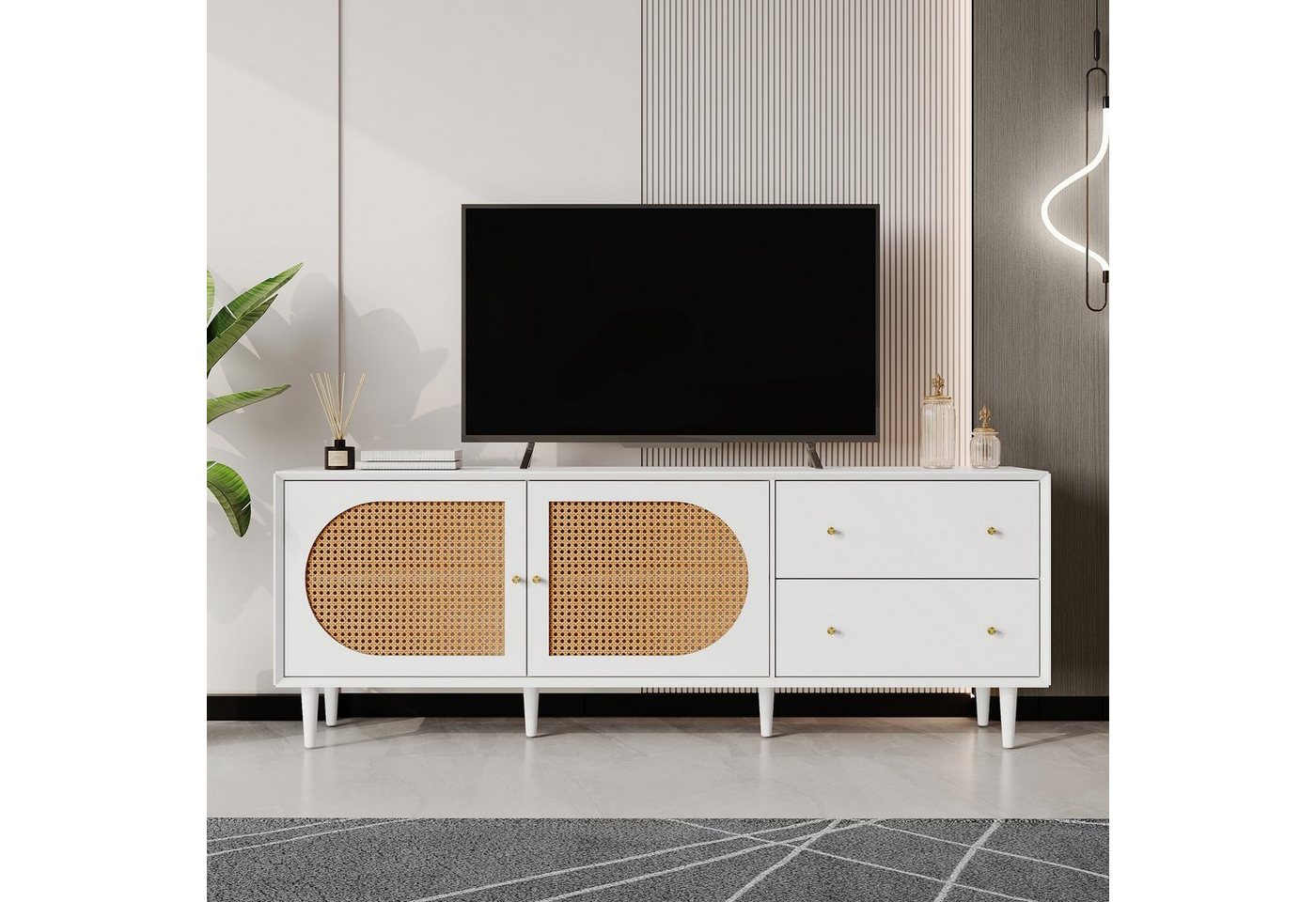 OKWISH TV-Schrank Fernsehtisch, TV-Board (mit 2 Schubladen und 4 Fächern, mit Polyrattan-Geflechten Türen) für Ihre Rattandesign von OKWISH