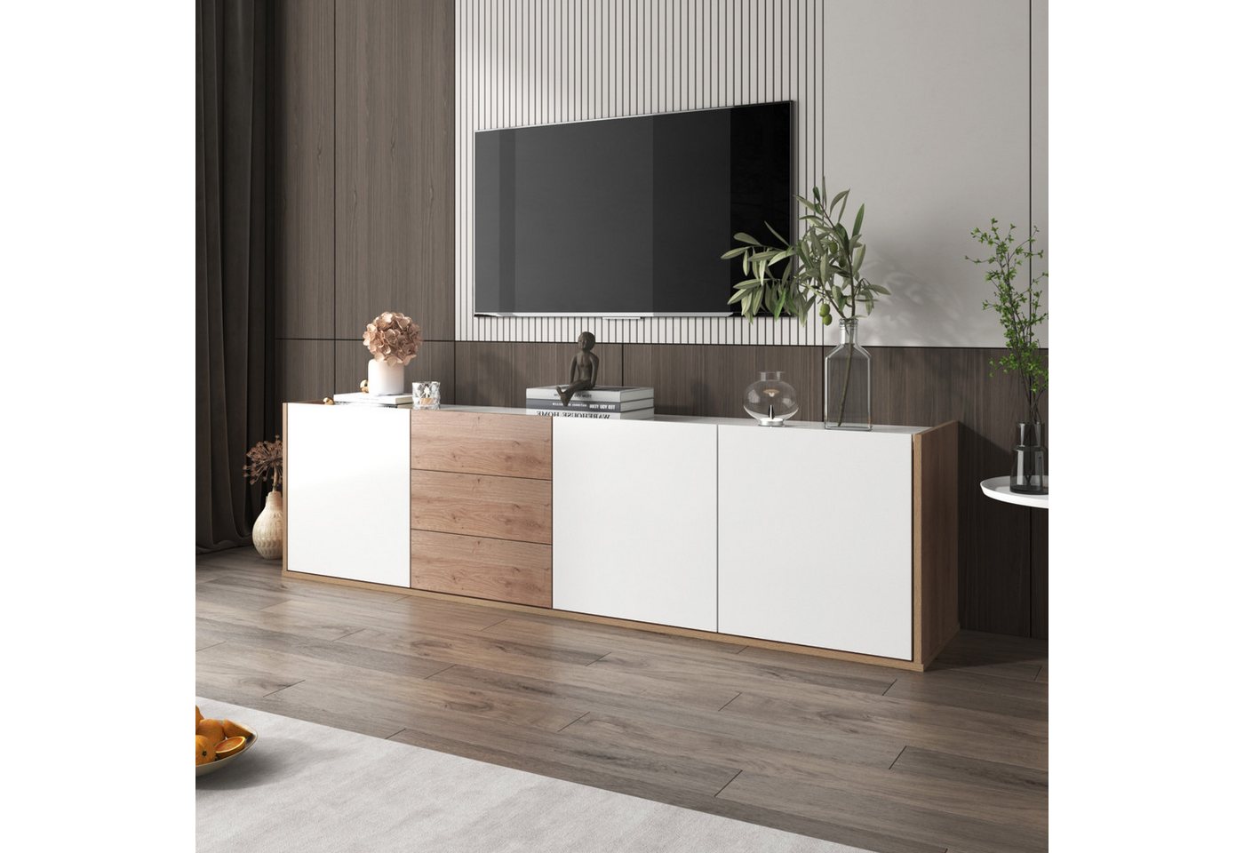 OKWISH TV-Schrank Lowboard Fernsehtisch (mit 3 Schubladen und 3 Türen) mit Paneel in Weiß und Holzfarben,TV-Board freistehend/hängend von OKWISH