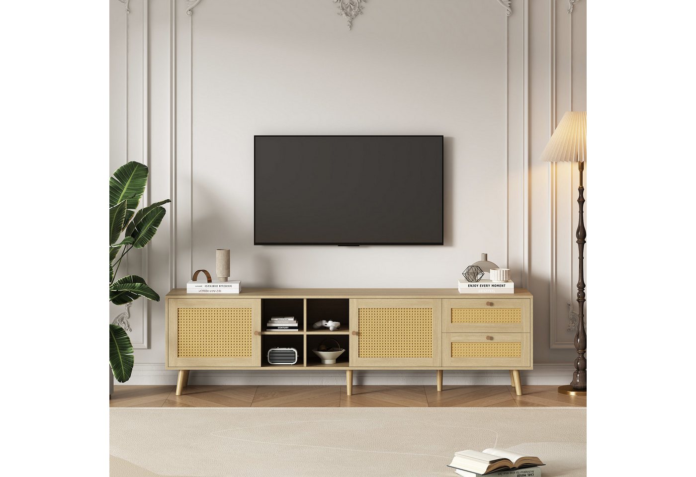 OKWISH TV-Schrank Lowboard Fernsehtisch Landhaus (2 Rattan-Türen, 2 Rattan-Schubladen) aus Holz und Rattan, 180*40*55 cm, passend für 80 Zoll TV-Gerät von OKWISH