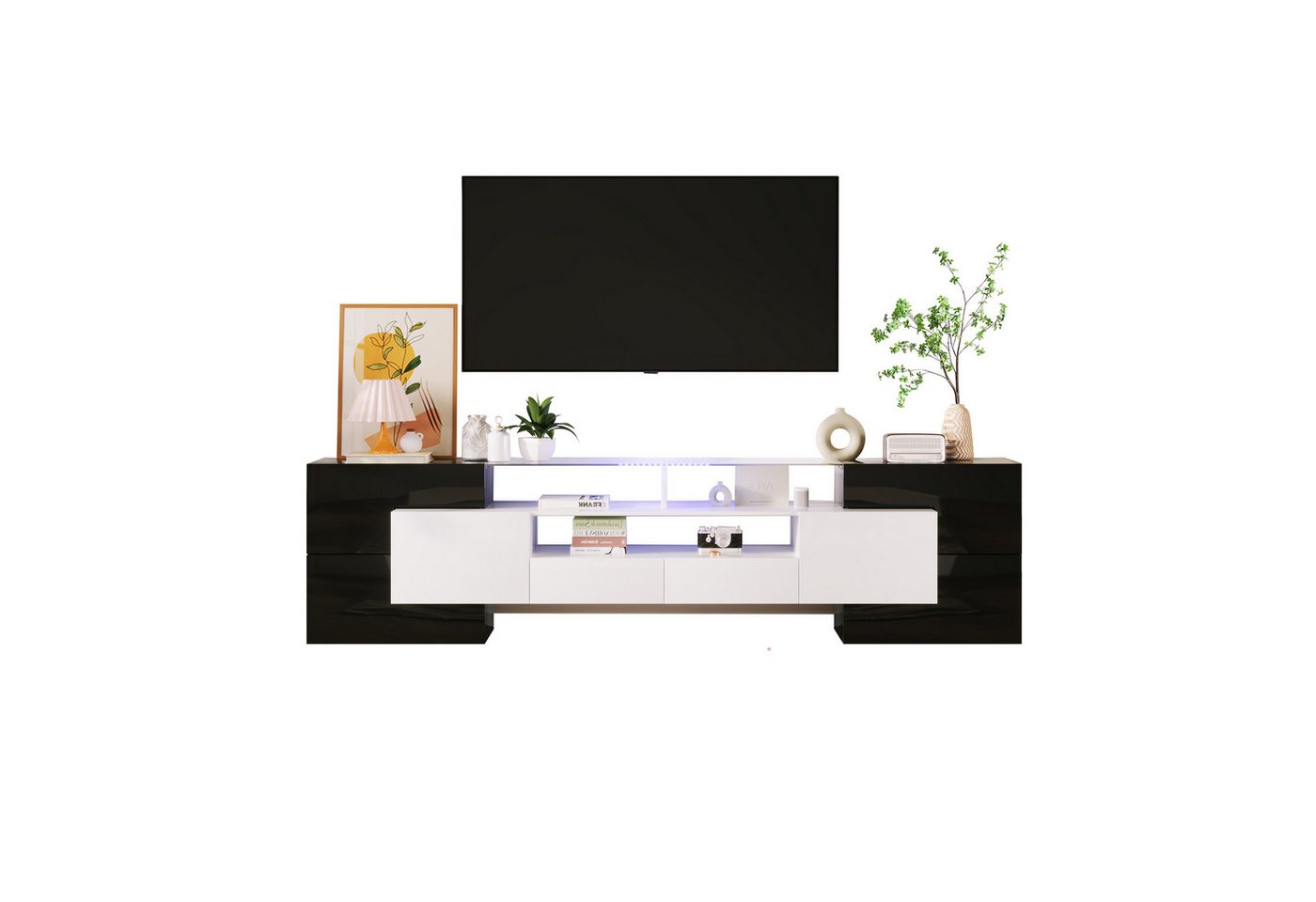 OKWISH TV-Schrank Lowboard TV Schrank (Weiß+Schwarz, 200 cm, 1-St) LED-Beleuchtung, Wohnzimmermöbel. modernes Design von OKWISH