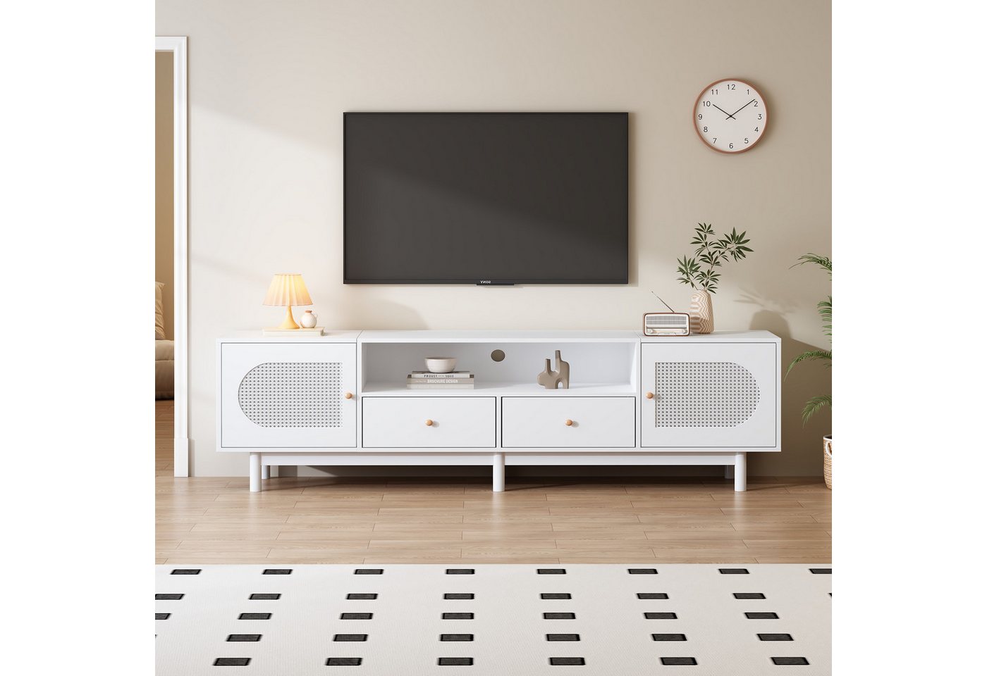 OKWISH TV-Schrank Lowboard TV-Unterschrank (2 Türen, 2 Schubladen,für 80-Zoll-Fernseher) aus weißem Rattan, 180*40*56 cm von OKWISH