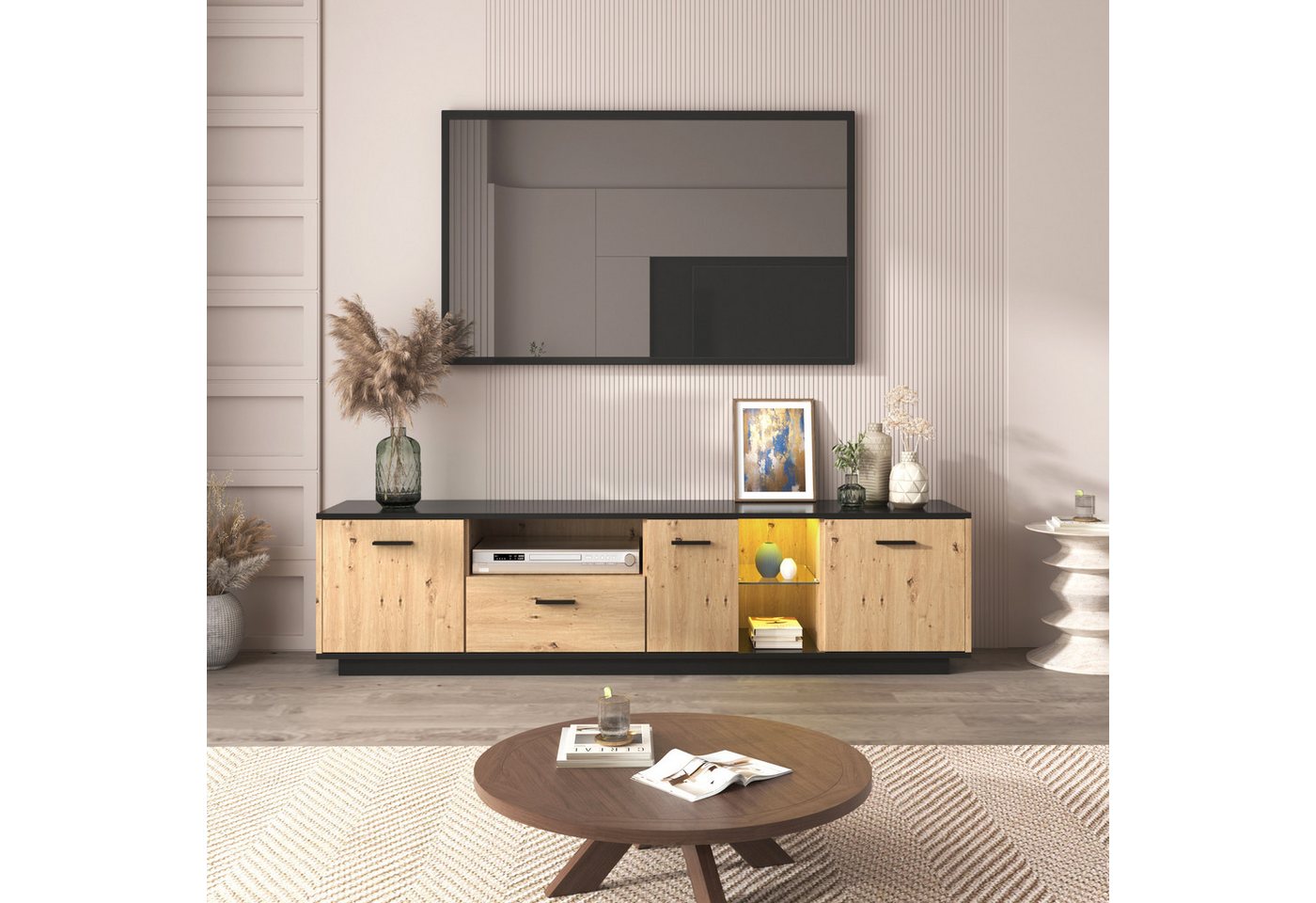 OKWISH TV-Schrank Mit einer Schublade,drei Türen, zwei offene Fächer mit Glas TV-Möbel (180 L x 40 B x 45 H(cm) Schwarze und natürliche Holzfarben, 15 variable LED-Leuchten. von OKWISH