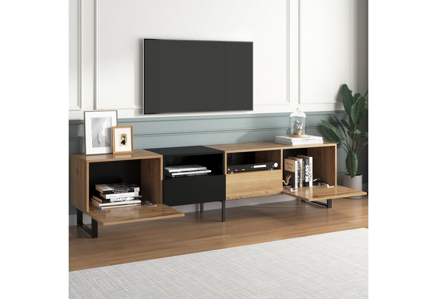 OKWISH TV-Schrank Moderner TV-Ständer (190 cm x 38 cm x 48 cm, mit schwarzem und holzfarbenem Design) geräumiger Stauraum, robuste Konstruktion von OKWISH