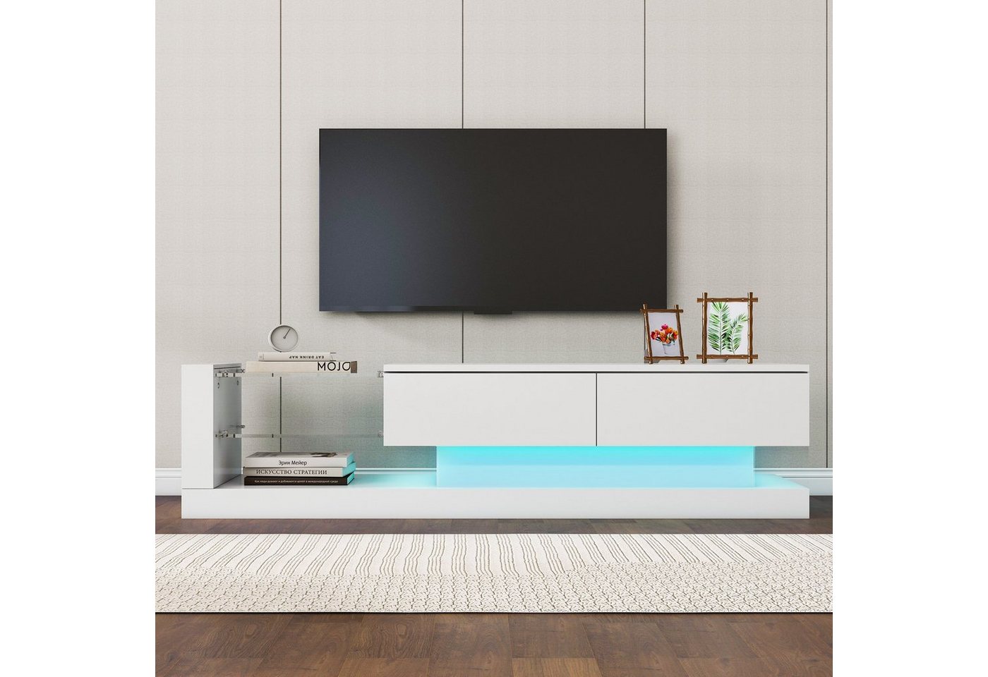 OKWISH TV-Schrank TV-Schrank hochglanz mit Klapptüren (Breite:140cm) TV-Schrank, mit Glasablagen und LED-Beleuchtung von OKWISH