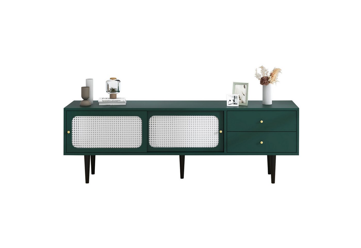 OKWISH TV-Schrank TV-Ständer (mit Rattan-Schiebetüren und praktischen Schubladen, grün mit weißem Rattan, 2 Schubladen, 2 Rattan-Schiebetüren) 4 Fächer mit beweglichem Laminat von OKWISH
