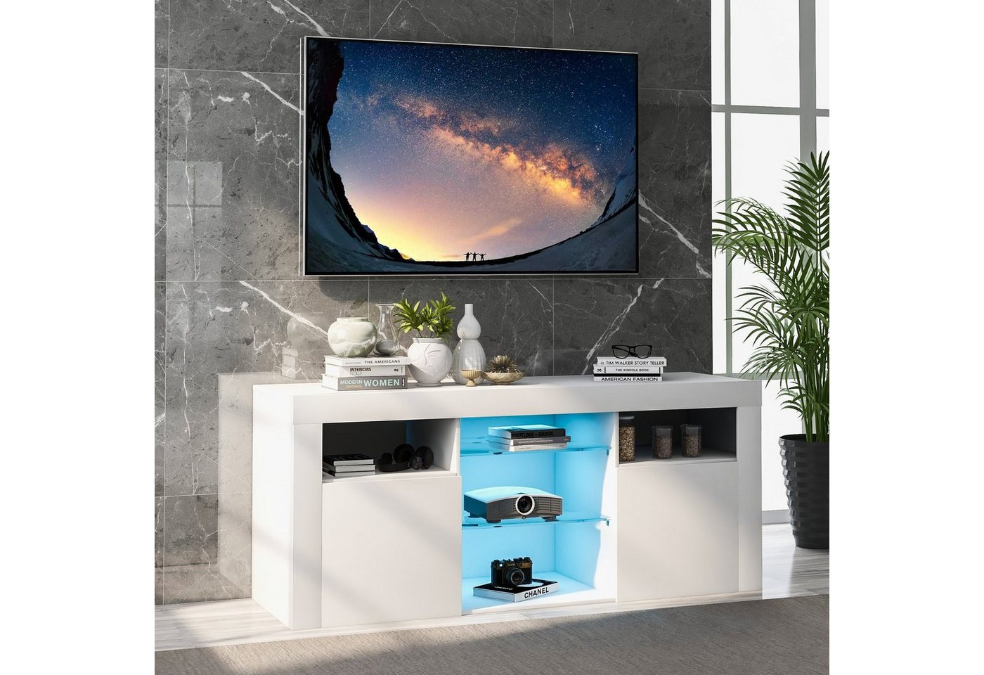 OKWISH TV-Schrank TV-Tisch, TV-Ständer mit 2 Schränken mit Türen und 5 offenen Regalen (Hochglanz-TV-Schrank Einstellbares LED-System, weiß 120*35*50cm Multifunktionale Aufbewahrung) TV-Möbel für bis zu 55 Zoll Fernseher von OKWISH