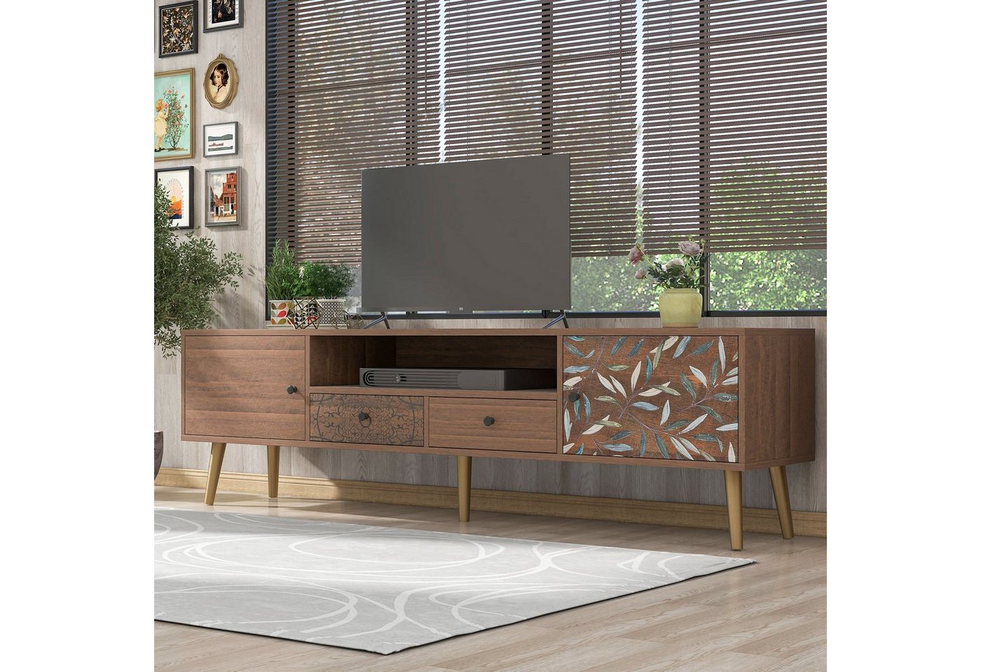 OKWISH TV-Schrank Vintage TV-Schrank (2 Türen, 2 Schubladen, Ablagefach - Landhaus-Design) Goldene Füße- Lowboard mit Aufdruck." von OKWISH