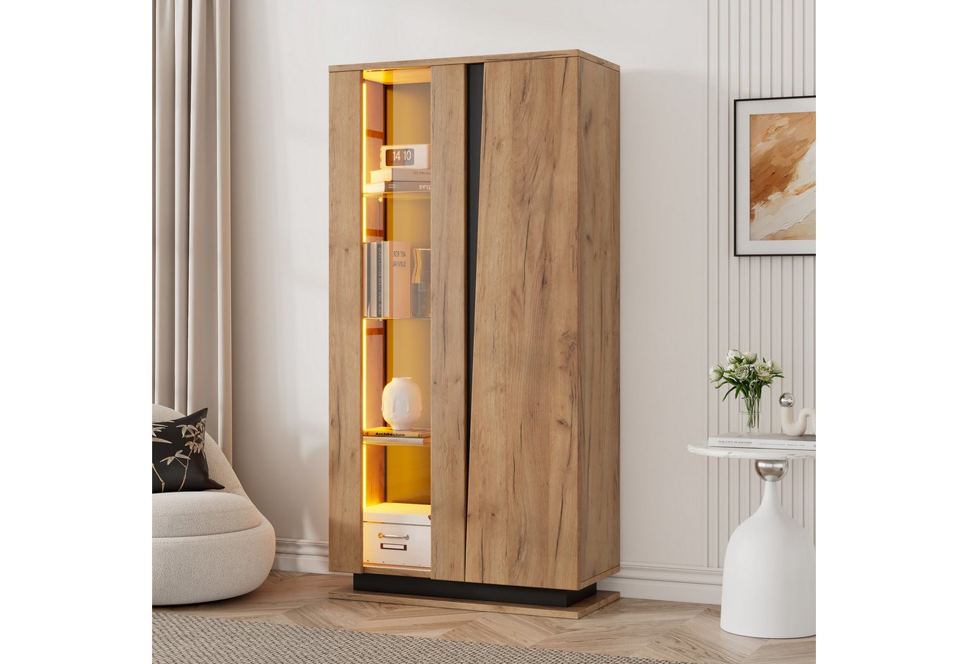 OKWISH Vitrine 160 cm Höhe, Standvitrine mit LED-Lichtstreifen (Hochschrank, 1-St., mit 8 Ablageflächen, Schranktüren aus Acryl) mit Glastrennwänden von OKWISH