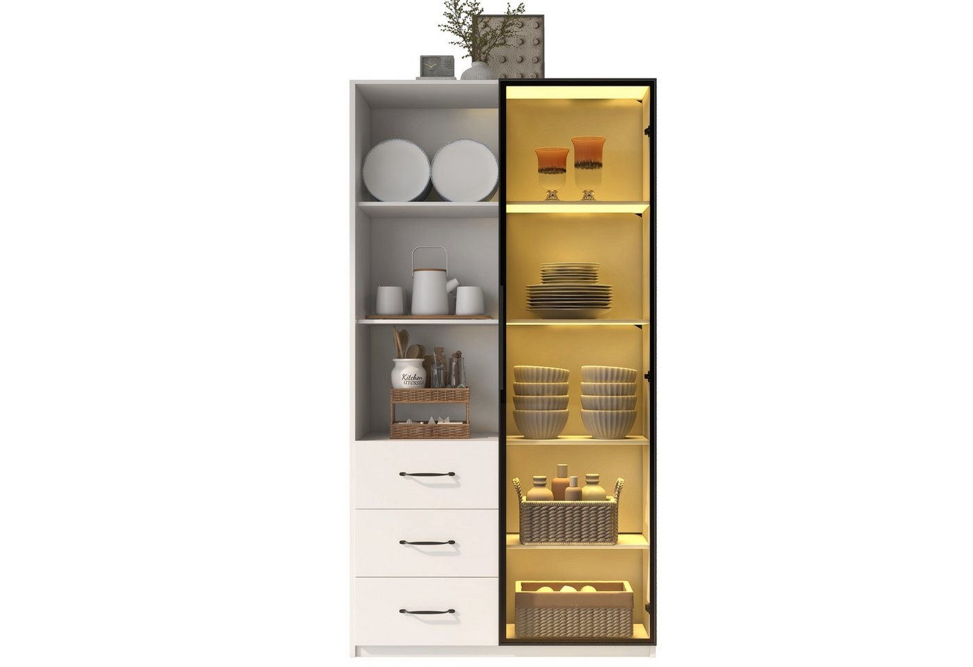 OKWISH Vitrine 160cm hoch (Küchenschränke, Highboard, 1-St., Soft-Close-Scharniere) mit LED-Beleuchtung, Aluminiumrahmen von OKWISH