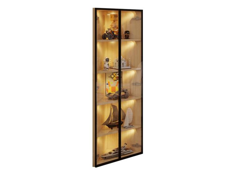 OKWISH Vitrine Außenseite aus Eiche (Weinschrank, Badezimmerschrank, für Eckpositionen, 1-St., Türen aus gehärtetem Glas) integrierte Lichtleiste von OKWISH