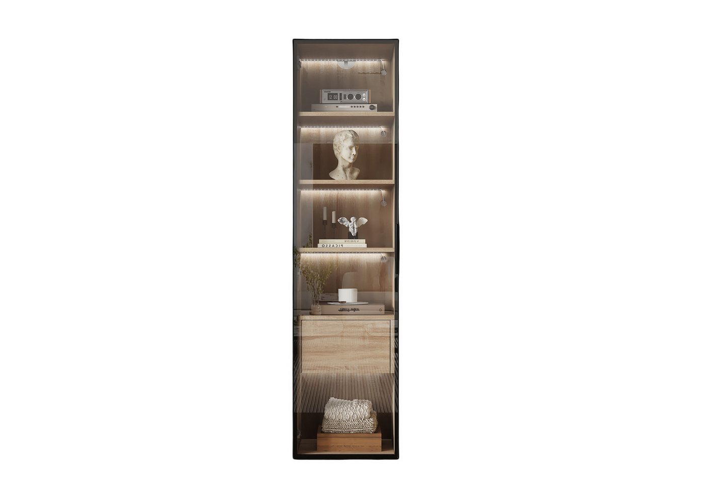 OKWISH Vitrine Badezimmerschrank (Hochschrank, Lagerschrank, Highboard, Lagerschränke, 1-St., mit 1 großen Schubladen und 1 Türen) mit Lichtleiste, Glastür von OKWISH