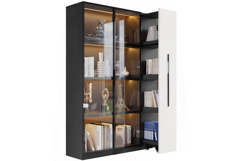 OKWISH Vitrine Bücherregal, Design in Weiß und Schwarz (Badezimmerschrä,Esszimmerschrank, 1-St., 160 cm hoch) mit Glastür und LED, Seitenauszug von OKWISH