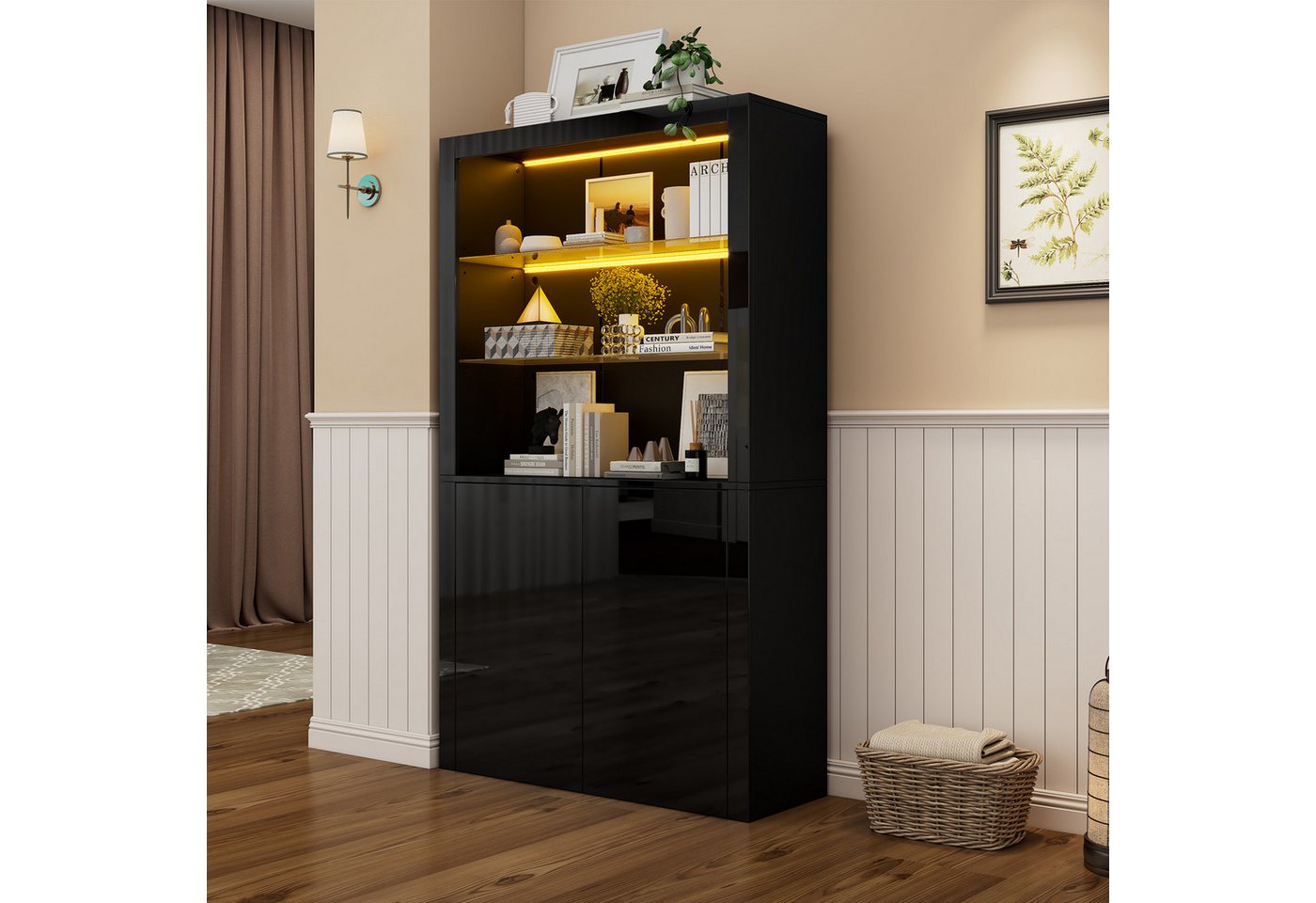 OKWISH Vitrine Hochglanz-Aufbewahrungsschrank (Sideboard, Wohnzimmerschrank, Organizer, 1-St., Displayschicht aus gehärtetem Glas) mit LED-Leuchten von OKWISH