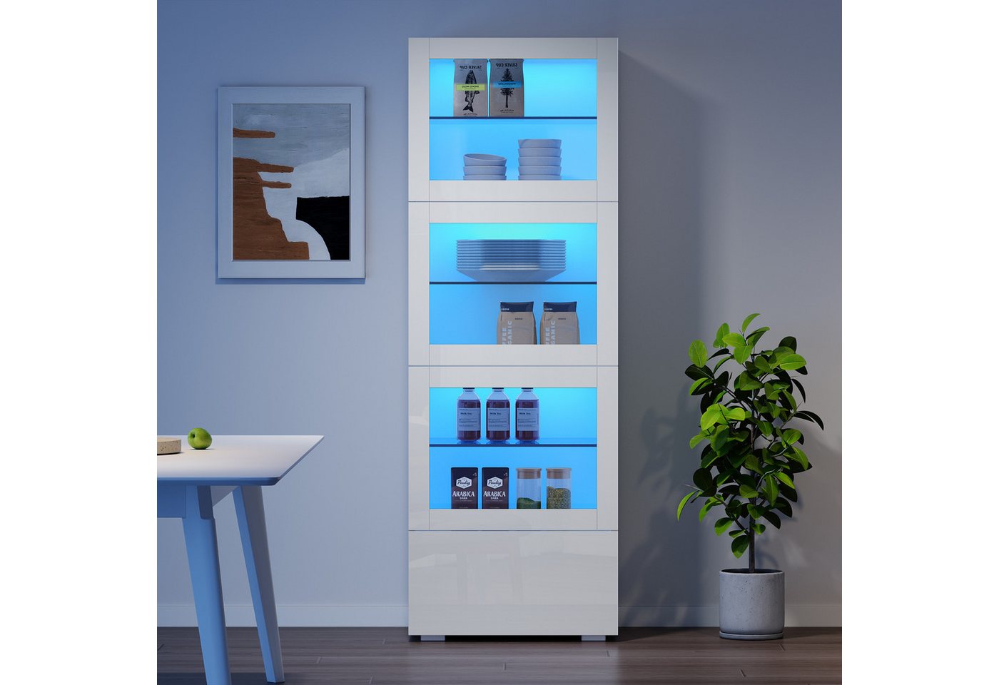 OKWISH Vitrine Hochglanz Lagerschrank (Highboard, Sofaschrank, 1-St., 60*40*173cm) mit LED-Beleuchtung, 3 Glasboden von OKWISH