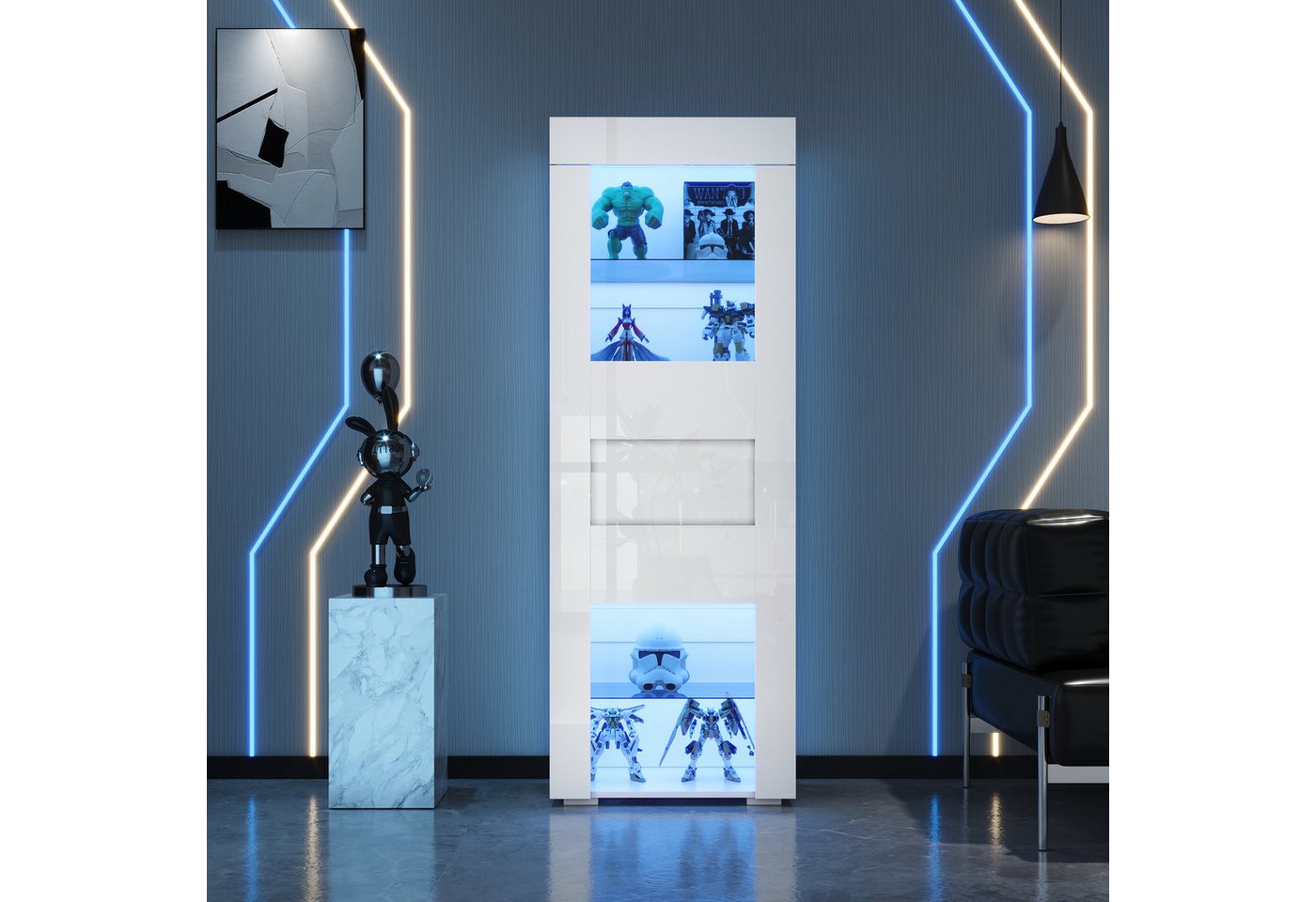 OKWISH Vitrine Hochglanz Lagerschrank (Sofaschrank, Highboard, 1-St., Schranktür aus Acryl) mit LED-Beleuchtung, 2 Glasboden von OKWISH