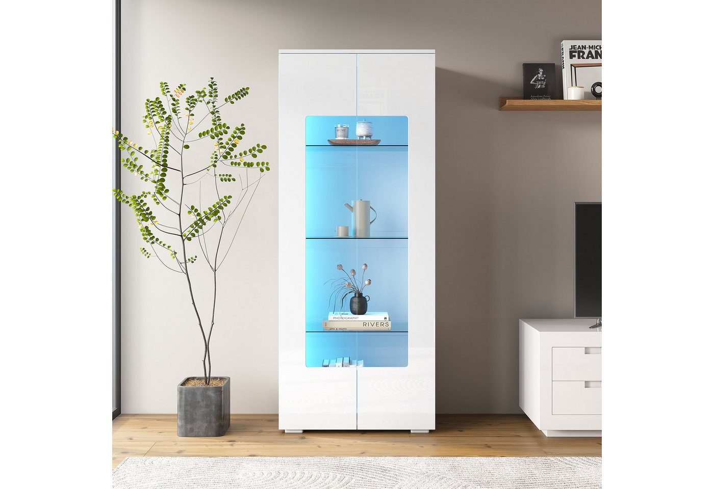 OKWISH Vitrine Hochschrank, Hochglanz (Packung, 1-St., mit 2 Acryltüren, LED-Lichtleiste) Tragender Schrank aus gehärtetem Glas von OKWISH