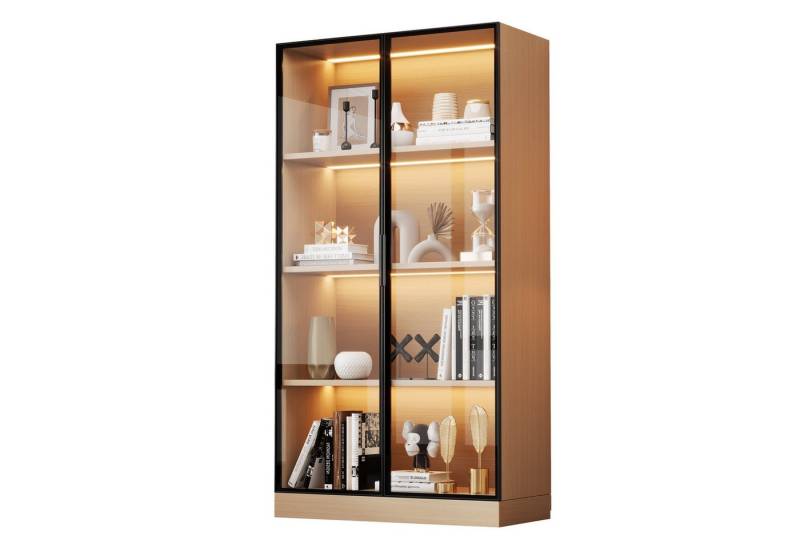 OKWISH Vitrine LED-Glasvitrine, 160 cm hoch (Bücherregal, Hochschrank, 1-St., warmgelber Lichtleiste) mit gehärteter Glastür, Aluminium-Türrahmen von OKWISH