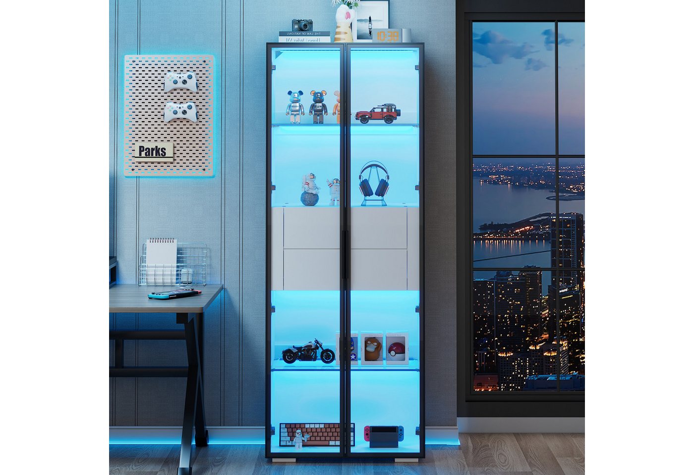 OKWISH Vitrine Schranktür aus gehärtetem Glas (Packung, 1-St., 2 Glasboden,2 Schubladen) mit LED-Lichtstreifen, Highboard, Hochschrank von OKWISH