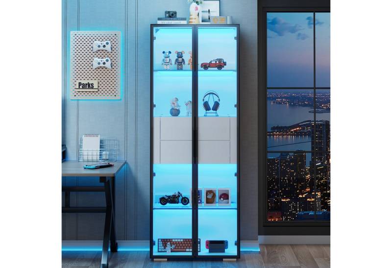 OKWISH Vitrine Schranktür aus gehärtetem Glas (Packung, 1-St., 2 Glasboden,2 Schubladen) mit LED-Lichtstreifen, Highboard, Hochschrank von OKWISH