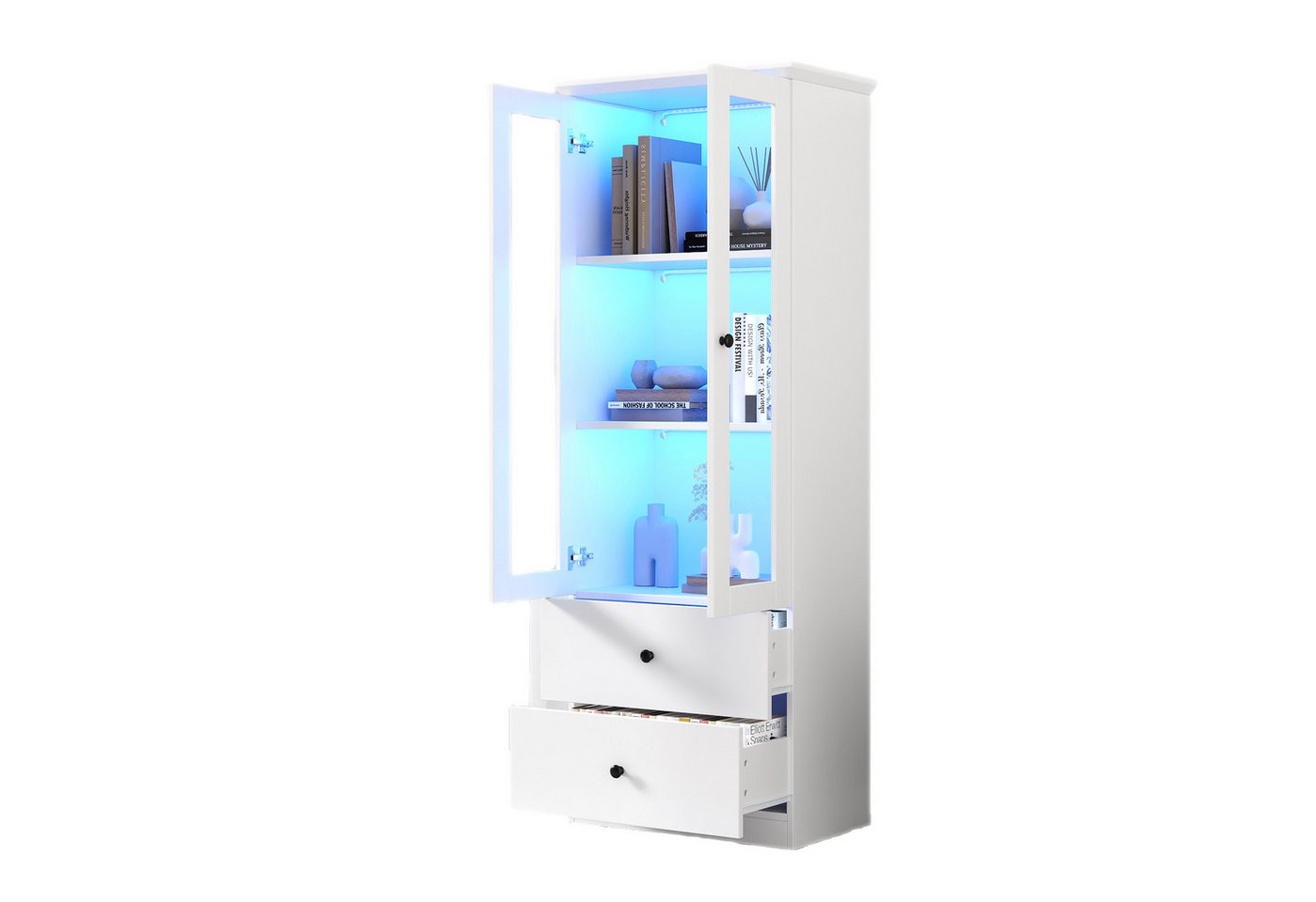 OKWISH Vitrine Vertikalvitrine, LED-Vitrine, 16-Farben-Fernbedienung (Hochschrank, Lagerschrank, Highboard, Lagerschränke, 1-St., 2 Türen, 2 Schubladen) mit USB-Anschluss, verstellbaren Fachböden, Flügeltüren von OKWISH