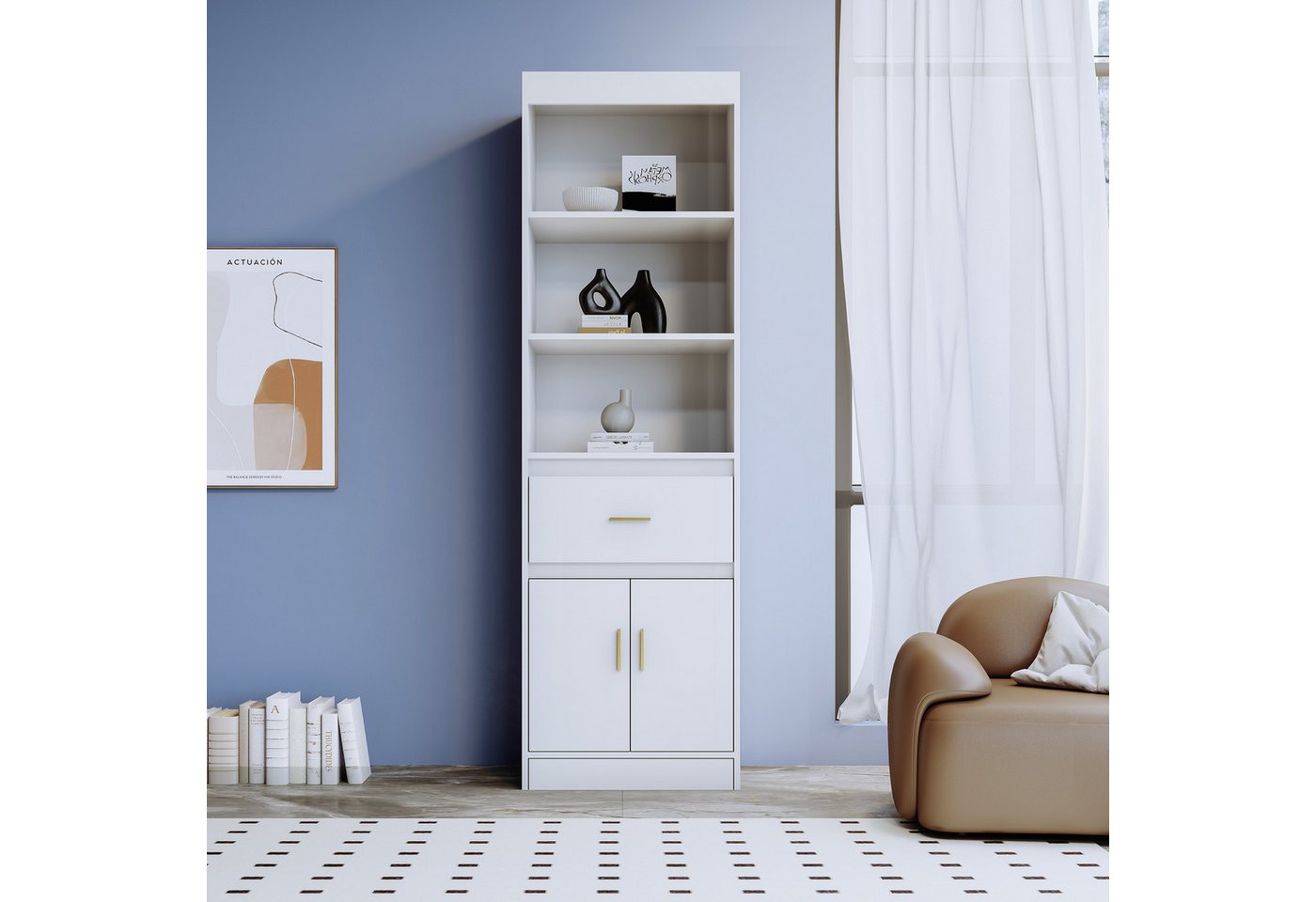 OKWISH Vitrine Vitrinenschrank Highboard (1 Schublade, 2 Türen) mit verstellbaren Einlegeböden, Metallgriffe, 50*40*180cm von OKWISH