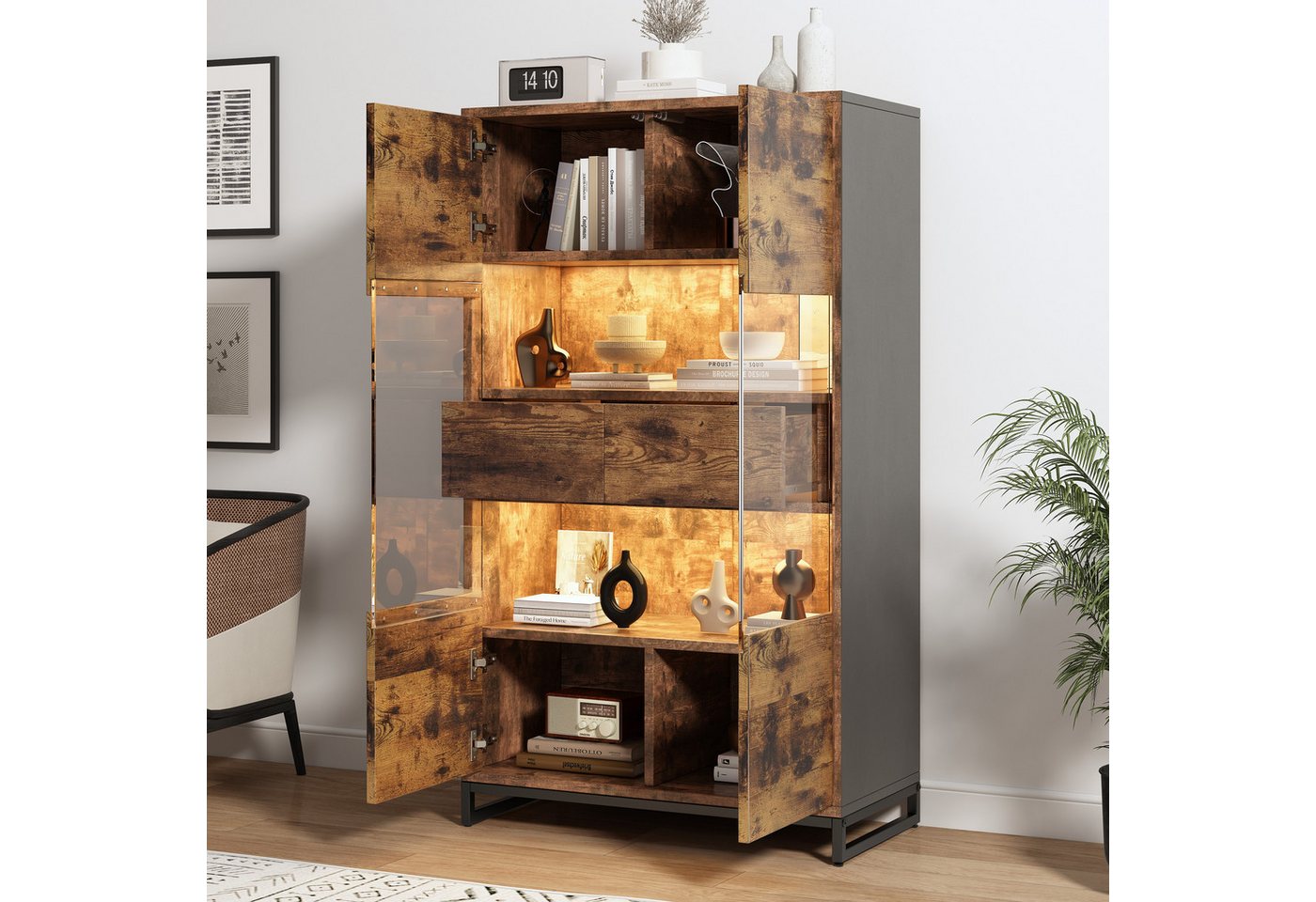 OKWISH Vitrine Weinschränke, Bücherregale (Stauraumvitrine mit Acrylblende, 1-St., mit 2 Schubladen) mit LED-Beleuchtung von OKWISH