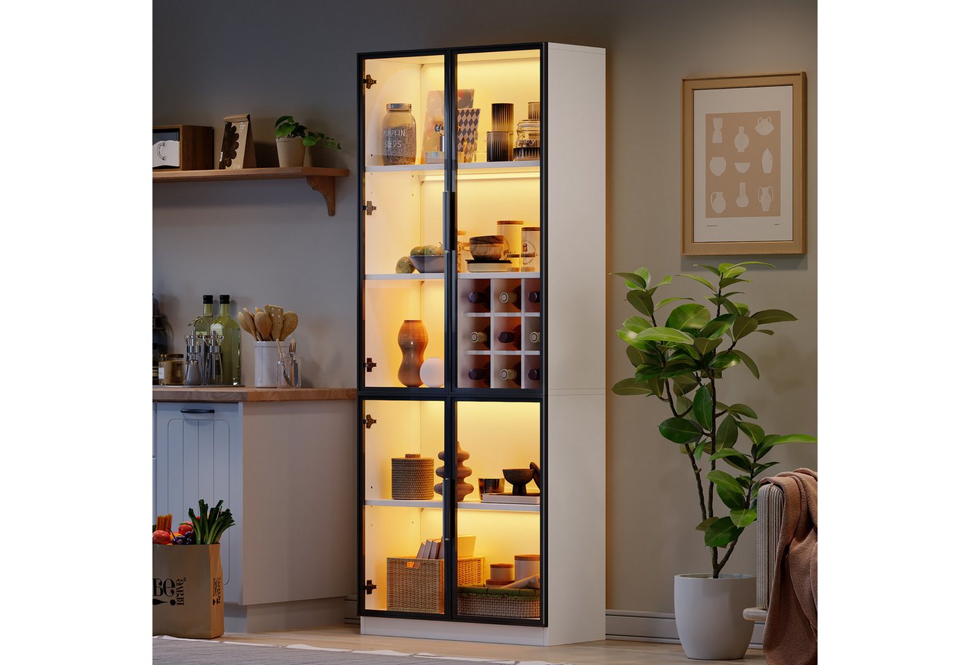 OKWISH Vitrine mit Doppeltüren (Bücherschrank, Sideboard, Glasvitrine, 1-St., 80*35*200cm) Weinschrank, Glasregal mit Glastüren, LED von OKWISH