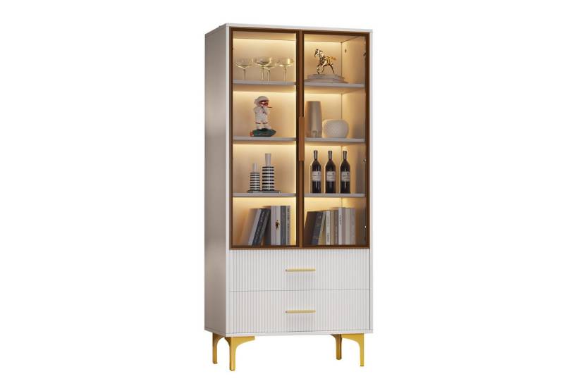 OKWISH Vitrine mit Glastüren (2 Türen,2 Schubladen) mit LED-Licht,Goldene Beine,Bewegliche Einlegeböden von OKWISH