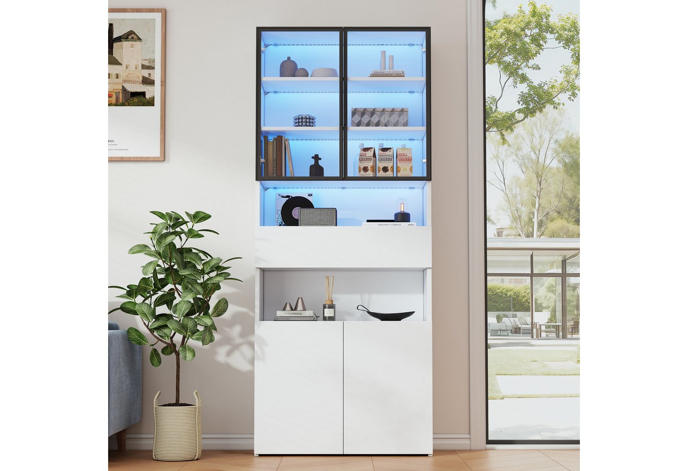 OKWISH Vitrine mit Offene Speicherplattform (Hochschrank, Standvitrine, Highboard, 1-St., 70*30*200cm) mit Glastüren und LED von OKWISH