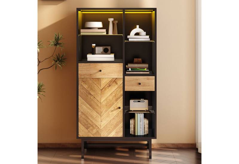 OKWISH Vitrine mit dreieckige Holzmaserung (Wohnzimmerschrank, Highboard, Aufbewahrungsschrank, Küchenschrank, 1-St., 1 Tür, 2 Schubladen, 6 offene Fächer) mit 12-farbigem LED-Lichtband von OKWISH