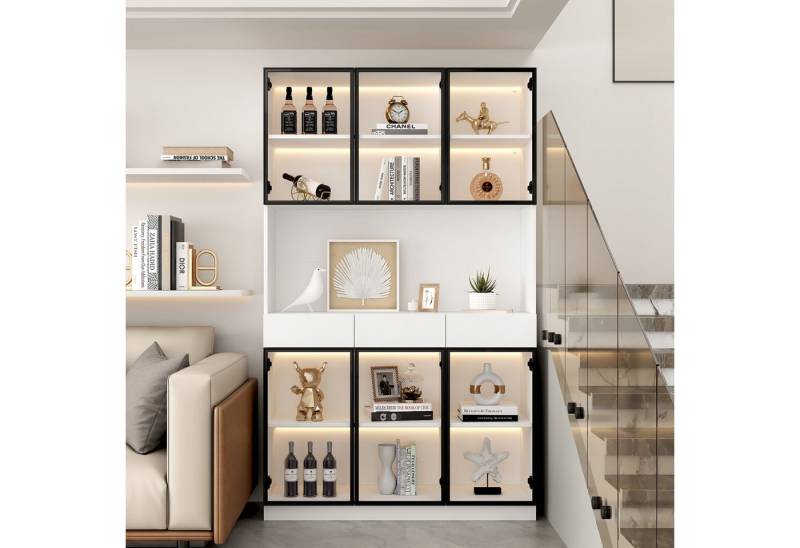 OKWISH Vitrine verstellbaren Regalen und Stauraum (Aufbewahrungsregale, Bücherregal Vitrine, Display Regal, 1-St., 1 Vitrine, 6 Türen, 3 Schublade, 1 offene Fächer) mit Glastüren, LED-Beleuchtung 16 Lichtfarben von OKWISH
