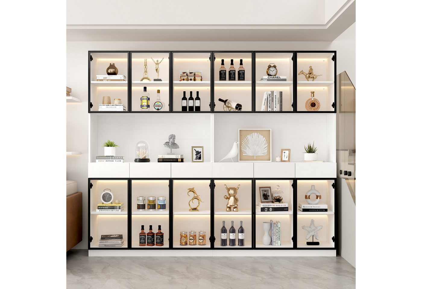 OKWISH Vitrine verstellbaren Regalen und Stauraum (Aufbewahrungsregale, Bücherregal Vitrine, Display Regal, 2-St., 2 Vitrine, Jeder (6 Türen, 3 Schublade, 1 offene Fächer) mit Glastüren, LED-Beleuchtung 16 Lichtfarben von OKWISH