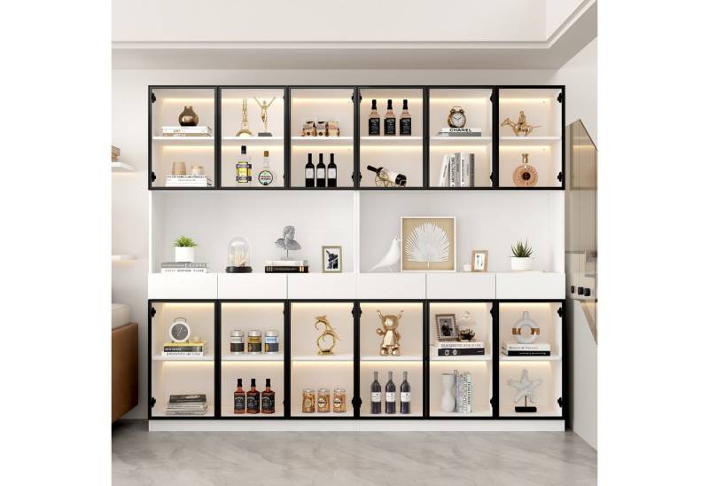 OKWISH Vitrine verstellbaren Regalen und Stauraum (Aufbewahrungsregale, Bücherregal Vitrine, Display Regal, 2-St., 2 Vitrine, Jeder (6 Türen, 3 Schublade, 1 offene Fächer) mit Glastüren, LED-Beleuchtung 16 Lichtfarben von OKWISH