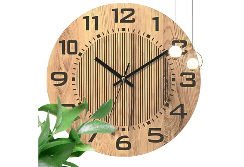 OKWISH Wanduhr 34CM Rund Holz Wand Uhr modern Leise Uhr ohne Ticken (Große gut lesbare Zahlen Wohnzimmer Deko für jeden Raum) von OKWISH
