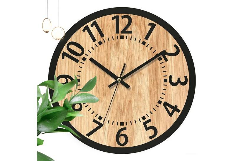 OKWISH Wanduhr Rund Holz Wand Uhr modern Leise Uhr ohne Ticken 34CM (Große gut lesbare Zahlen Wohnzimmer Deko für jeden Raum) von OKWISH