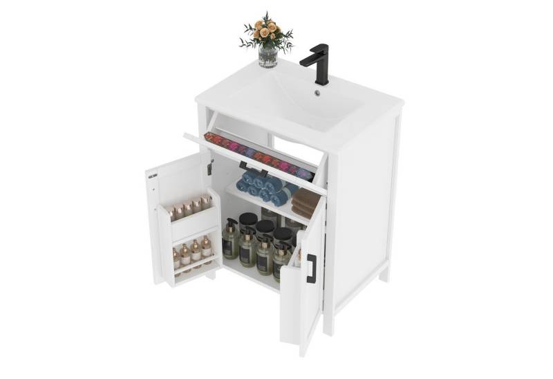 OKWISH Waschbeckenschrank Bodenstehender Badezimmerschrank (60 x 46 x 84,8 cm Freistehender Badezimmerschrank mit integriertem Keramikwaschbecken, umkehrbarer Schublade, verstellbaren Regalen & Doppeltürregalen) mit Waschbecken von OKWISH