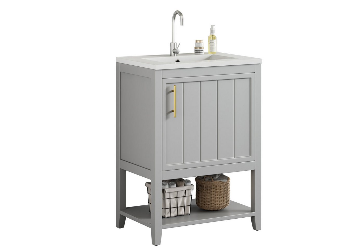 OKWISH Waschtisch Waschtischunterschrank Badezimmerschrank, Badmöbel Set (60 cm mit Keramikwaschbecken, Rutschfest & Geräumig, mit Ablage, Perfekt für Familien & Singles), Leicht zu reinigen von OKWISH